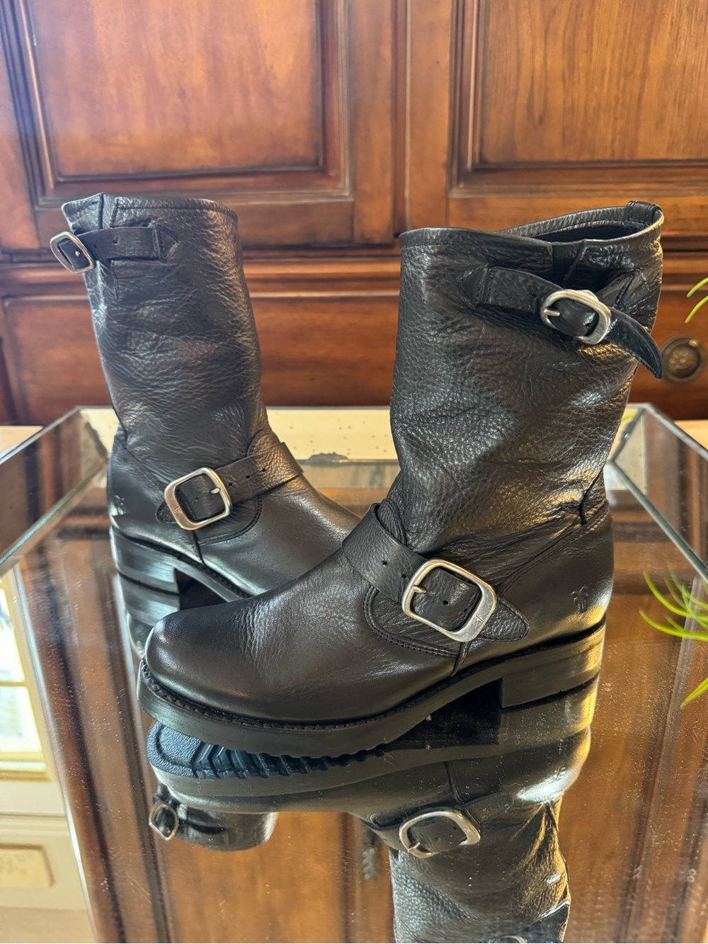 Frye Black Leather Mid-Calf Buckle Heeled Boots